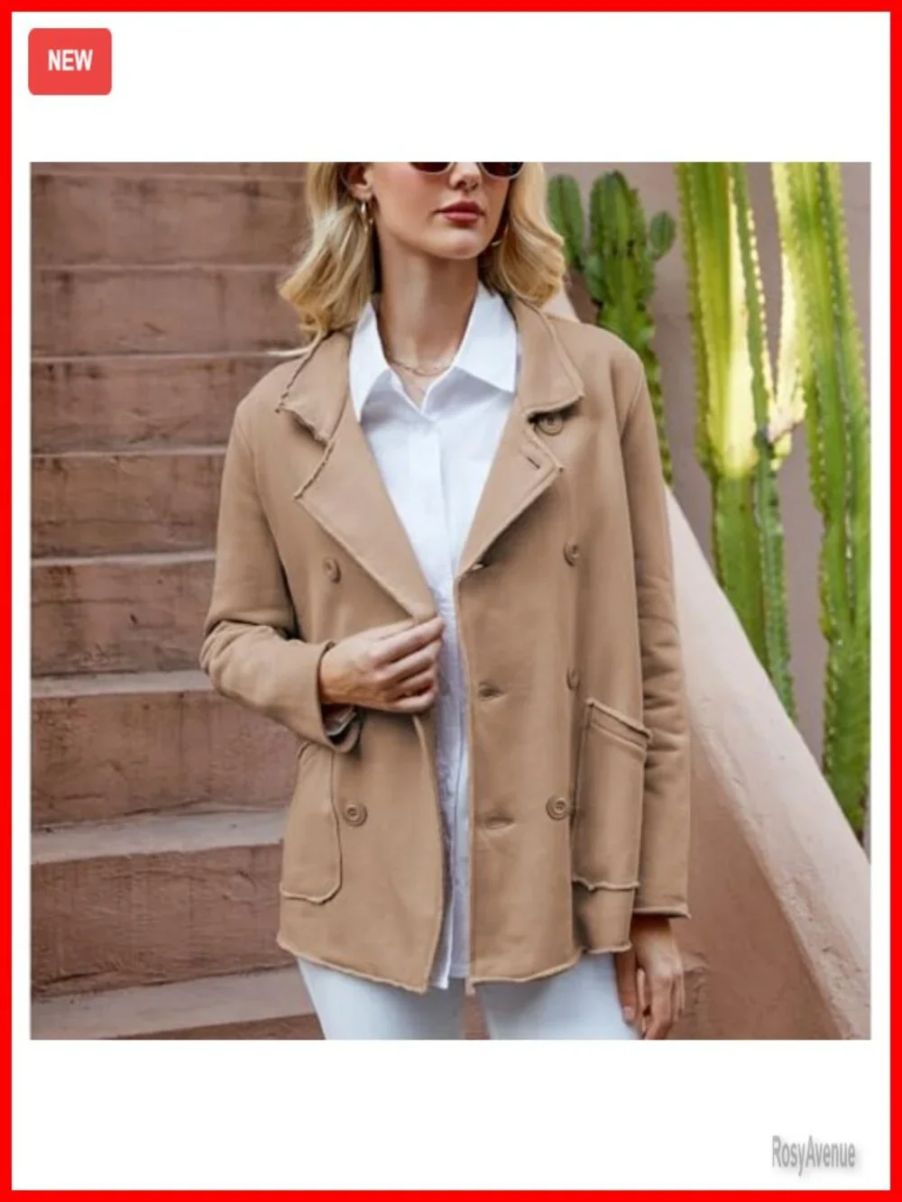 Womens Double Breasted Pea Coat Relaxed Fit Notch Lapel